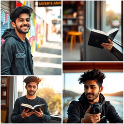 A collection of artistic portraits featuring a young adult male named Sayem, showcasing his personality in various settings