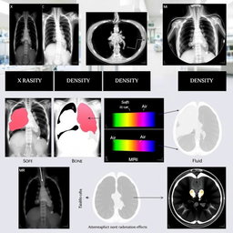A comprehensive visual representation of radiological densities, illustrating different types of medical images like X-rays, CT scans, and MRIs