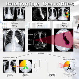 A comprehensive visual representation of radiological densities, illustrating different types of medical images like X-rays, CT scans, and MRIs