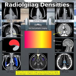 A comprehensive visual representation of radiological densities, illustrating different types of medical images like X-rays, CT scans, and MRIs