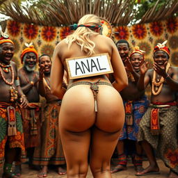 A vivid and playful scene set in an African tribal environment, featuring a full-body view of a blonde woman bending over, showcasing her bubble buttocks