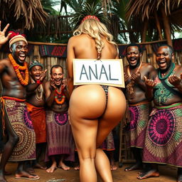 A vivid and playful scene set in an African tribal environment, featuring a full-body view of a blonde woman bending over, showcasing her bubble buttocks