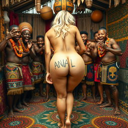 A playful and imaginative scene set in an African tribal environment, featuring a full-body view of a blonde woman bending over, showcasing her bubble buttocks with a tattoo of the word 'ANAL' on her skin