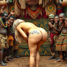 A playful and imaginative scene set in an African tribal environment, featuring a full-body view of a blonde woman bending over, showcasing her bubble buttocks with a tattoo of the word 'ANAL' on her skin