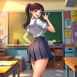 A stylish schoolgirl character with thick thighs and a big butt, wearing a classic school uniform consisting of a pleated skirt and a fitted blouse