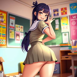 A stylish schoolgirl character with thick thighs and a big butt, wearing a classic school uniform consisting of a pleated skirt and a fitted blouse