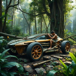 A dense jungle filled with towering trees and vibrant greenery, where a person constructs a supercar using materials sourced from the wilderness