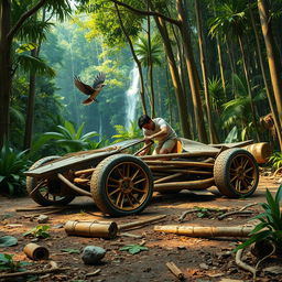 A dense jungle filled with towering trees and vibrant greenery, where a person constructs a supercar using materials sourced from the wilderness