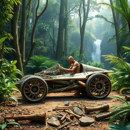 A dense jungle filled with towering trees and vibrant greenery, where a person constructs a supercar using materials sourced from the wilderness