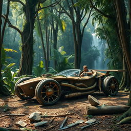 A dense jungle filled with towering trees and vibrant greenery, where a person constructs a supercar using materials sourced from the wilderness