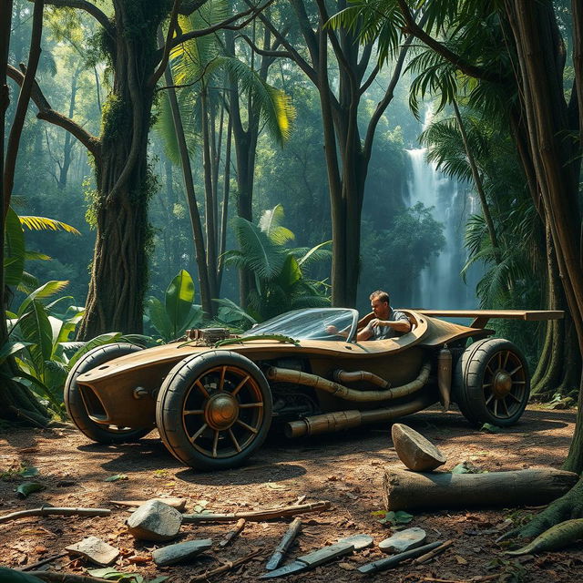 A dense jungle filled with towering trees and vibrant greenery, where a person constructs a supercar using materials sourced from the wilderness