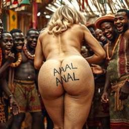 A playful and imaginative close-up scene featuring the naked bubble buttocks of a blonde white woman bending over