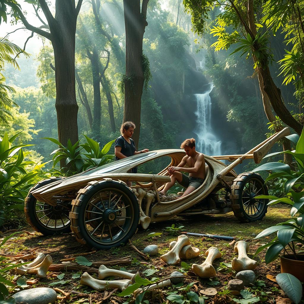 A dense jungle brimming with towering trees and vibrant greenery surrounding a unique scene