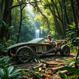 A dense jungle brimming with towering trees and vibrant greenery surrounding a unique scene