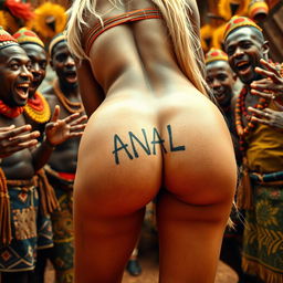 A whimsical and imaginative close-up scene featuring the naked bubble buttocks of a blonde white woman bending over, displaying a tattoo of the word 'ANAL' prominently on her skin