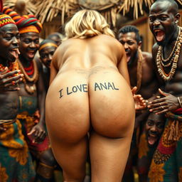 A whimsical and playful close-up scene featuring the naked bubble buttocks of a blonde white woman bending over, with a tattoo that says 'I LOVE ANAL' on her back