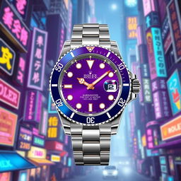 A stunning digital illustration of a Rolex Submariner watch featuring a striking purple dial and a blue bezel, complemented by a luxurious white gold bracelet