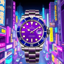 A stunning digital illustration of a Rolex Submariner watch featuring a striking purple dial and a blue bezel, complemented by a luxurious white gold bracelet