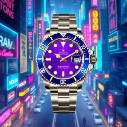 A stunning digital illustration of a Rolex Submariner watch featuring a striking purple dial and a blue bezel, complemented by a luxurious white gold bracelet