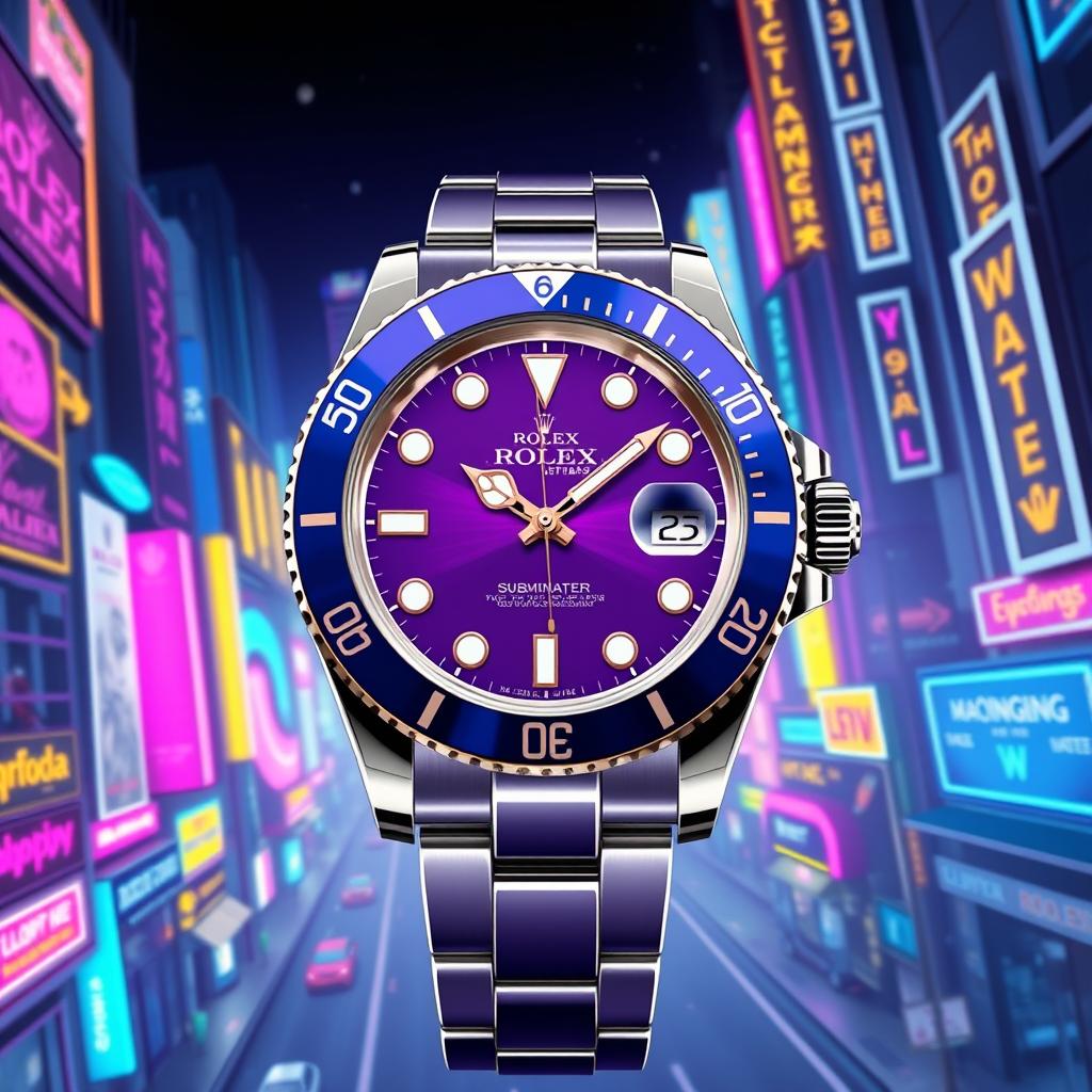 A stunning digital illustration of a Rolex Submariner watch featuring a striking purple dial and a blue bezel, complemented by a luxurious white gold bracelet