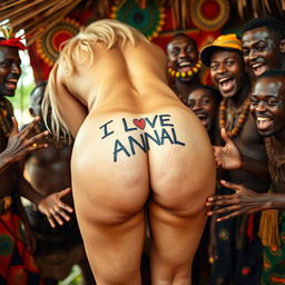 A whimsical and imaginative close-up scene featuring the naked bubble buttocks of a blonde white woman bending over, showcasing a tattoo that reads 'I LOVE ANAL' on her back