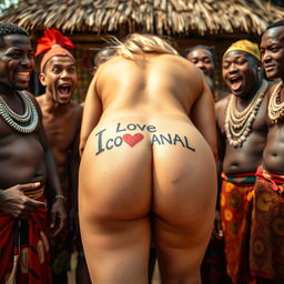 A whimsical and imaginative close-up scene featuring the naked bubble buttocks of a blonde white woman bending over, showcasing a tattoo that reads 'I LOVE ANAL' on her back