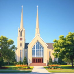 A beautiful and serene depiction of a modern Latter-day Saint church (Church of Jesus Christ of Latter-day Saints), showcasing its iconic architecture with a prominent steeple and large glass windows