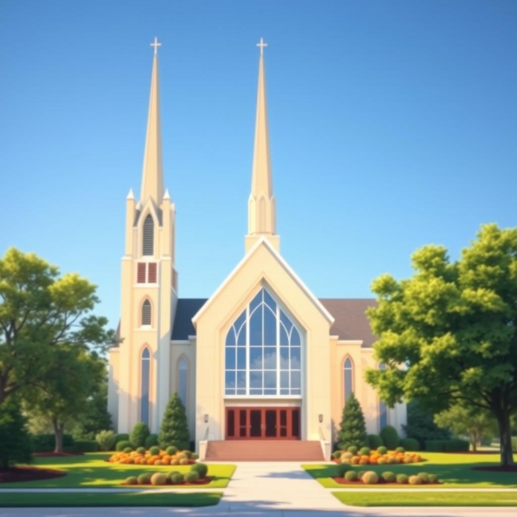 A beautiful and serene depiction of a modern Latter-day Saint church (Church of Jesus Christ of Latter-day Saints), showcasing its iconic architecture with a prominent steeple and large glass windows