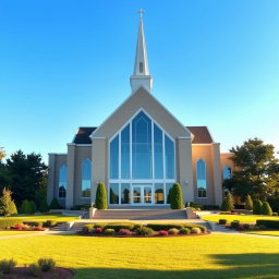 A beautiful and serene depiction of a modern Latter-day Saint church (Church of Jesus Christ of Latter-day Saints), showcasing its iconic architecture with a prominent steeple and large glass windows