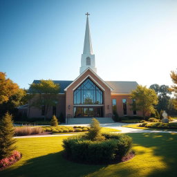 A beautiful and serene depiction of a modern Latter-day Saint church (Church of Jesus Christ of Latter-day Saints), showcasing its iconic architecture with a prominent steeple and large glass windows