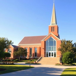 A beautiful and serene depiction of a modern Latter-day Saint church (Church of Jesus Christ of Latter-day Saints), showcasing its iconic architecture with a prominent steeple and large glass windows