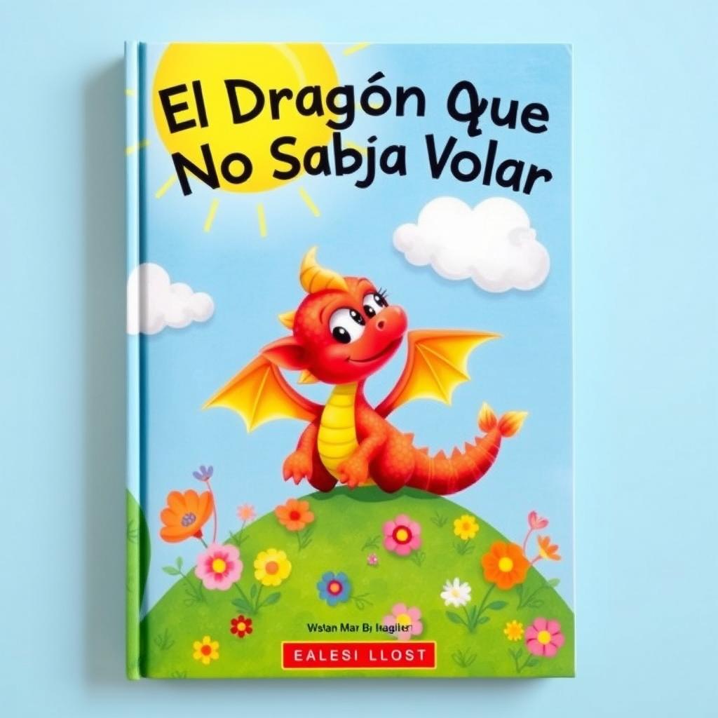 A whimsical book cover featuring a small, adorable dragon with bright scales and oversized eyes, looking curiously at the sky