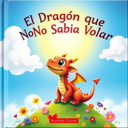 A whimsical book cover featuring a small, adorable dragon with bright scales and oversized eyes, looking curiously at the sky