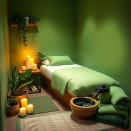 A cozy mini spa scene with relaxing elements in a small space, featuring lush green decor