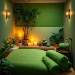 A cozy mini spa scene with relaxing elements in a small space, featuring lush green decor