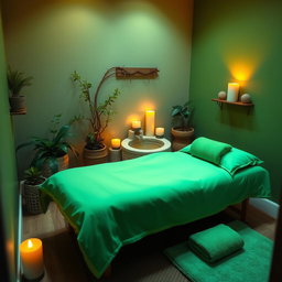 A cozy mini spa scene with relaxing elements in a small space, featuring lush green decor