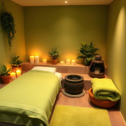 A cozy mini spa scene with relaxing elements in a small space, featuring lush green decor
