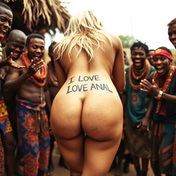 A whimsical close-up scene featuring the naked bubble buttocks of a blonde white woman bending over, showcasing a tattoo that reads 'I LOVE ANAL' on her back