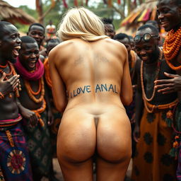 A whimsical close-up scene featuring the naked bubble buttocks of a blonde white woman bending over, showcasing a tattoo that reads 'I LOVE ANAL' on her back