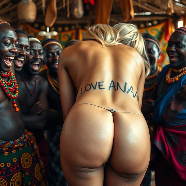 A whimsical close-up scene featuring the naked bubble buttocks of a blonde white woman bending over, showcasing a tattoo that reads 'I LOVE ANAL' on her back