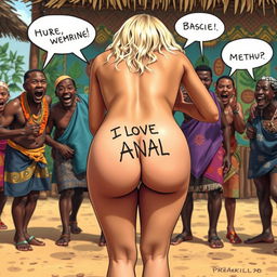 A whimsical and playful close-up scene illustrating the naked bubble buttocks of a blonde white woman bending over, showcasing a tattoo that reads 'I LOVE ANAL' on her back