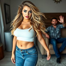 A full length photograph of a curvy, beautiful young woman with thick, long, messy dirty blond hair flowing gracefully