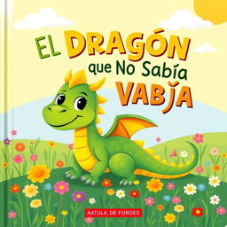 A charming children's book cover featuring a small, friendly dragon with bright scales in shades of green and yellow, looking both playful and a bit shy