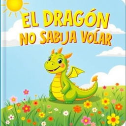A charming children's book cover featuring a small, friendly dragon with bright scales in shades of green and yellow, looking both playful and a bit shy