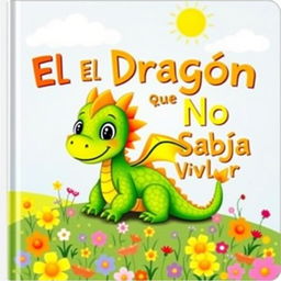 A charming children's book cover featuring a small, friendly dragon with bright scales in shades of green and yellow, looking both playful and a bit shy