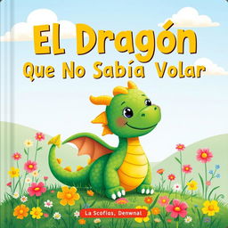 A charming children's book cover featuring a small, friendly dragon with bright scales in shades of green and yellow, looking both playful and a bit shy