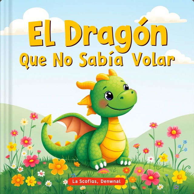 A charming children's book cover featuring a small, friendly dragon with bright scales in shades of green and yellow, looking both playful and a bit shy