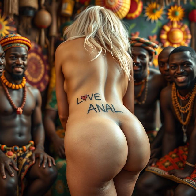 A playful and artistic close-up portrayal of a blonde white woman with naked bubble buttocks bending over, prominently featuring a tattoo that reads 'I LOVE ANAL' on her back