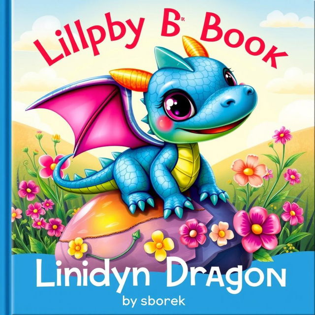 A delightful children's book cover featuring a small, friendly dragon with shiny, bright scales in shades of blue and green