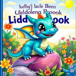 A delightful children's book cover featuring a small, friendly dragon with shiny, bright scales in shades of blue and green